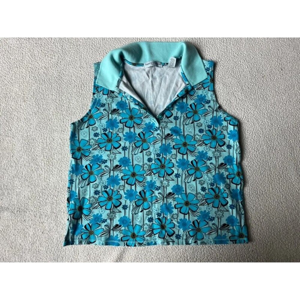 Vintage 90s Valerie Steven’s Blue Daisy Sleeveless Top Collared Women’s Medium